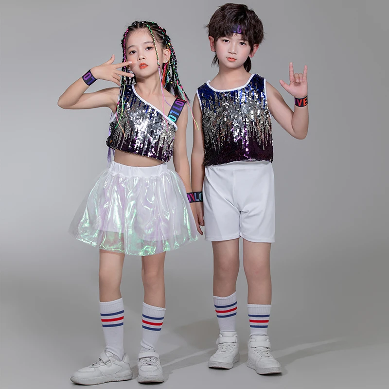 Children Cheerleading Uniform Performance Costumes Boy Girls Sequins Street Dance Hip Hop Clothing Kids Sequins Jazz Dance Suits