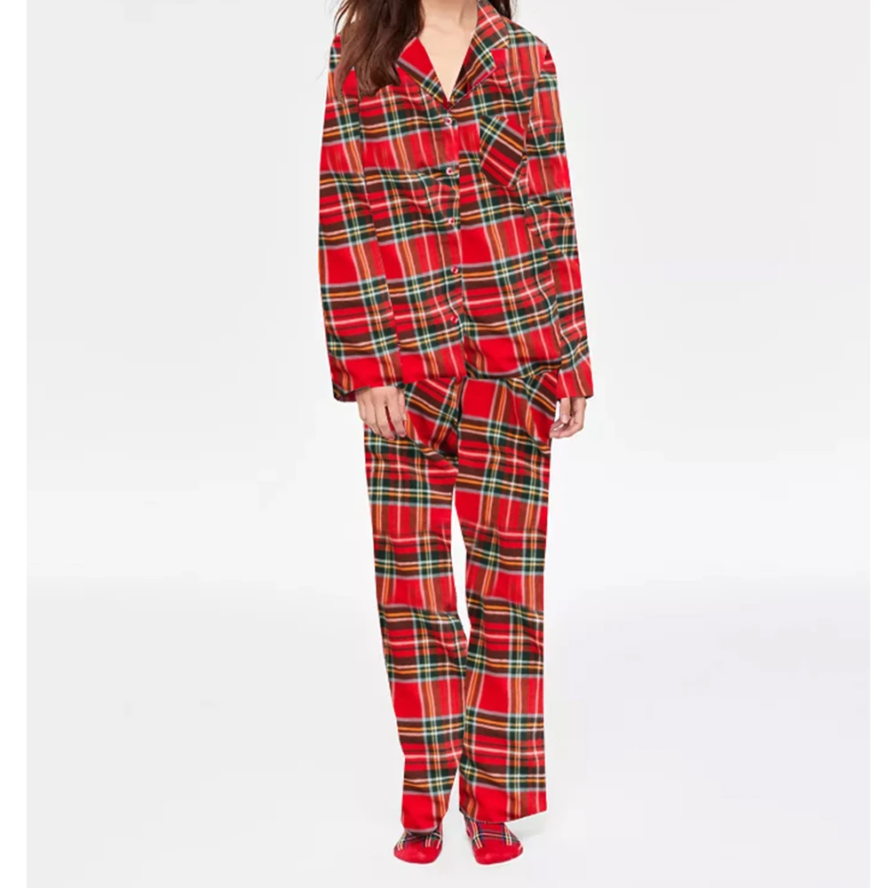 Moda feminina conjuntos de pijama de natal vermelho xadrez impressão manga longa botão turn-down colarinho camisas + calças pijamas roupas de natal