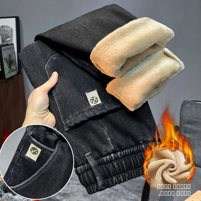 

Men's Fleece Lined Denim Jeans Elastic Waist Straight Leg Slim Fit Long Pants Warm Casual Fashion Urban Style Winter Wear