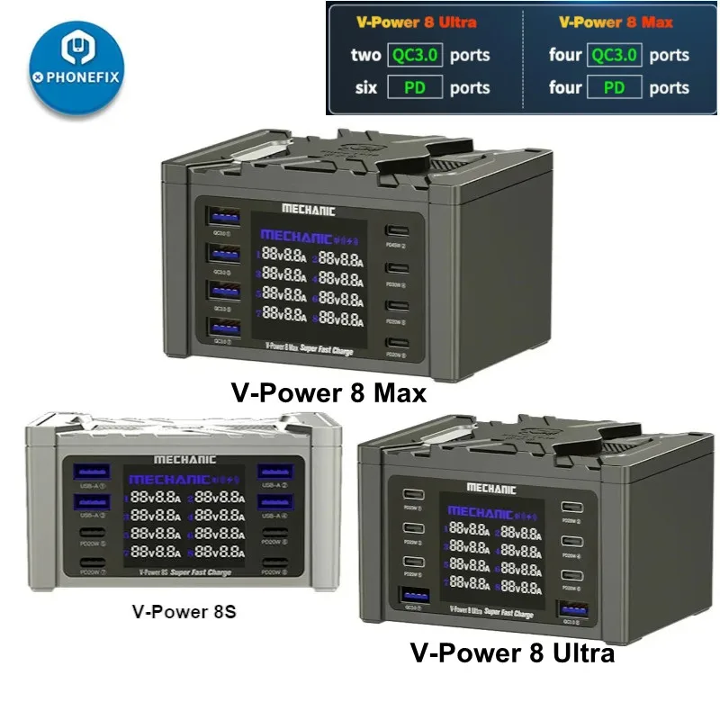 MECHANIC V-Power 8 Pro /iCharge 8M Super Fast Charger 8 Ports QC3.0 PD USB Charging Station For Mobile Phone iPad Quick Charging