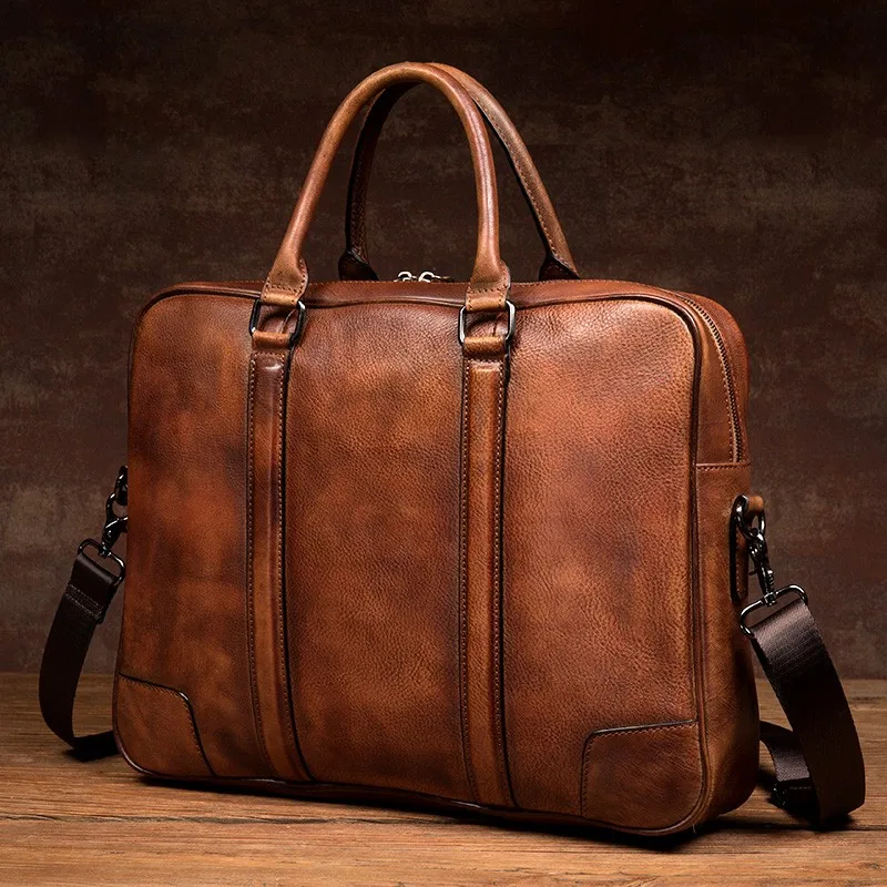 Men's Casual Leather Briefcase Horizontal Baotou Handbag Retro Trend One-Shoulder Messenger Bag Handmade