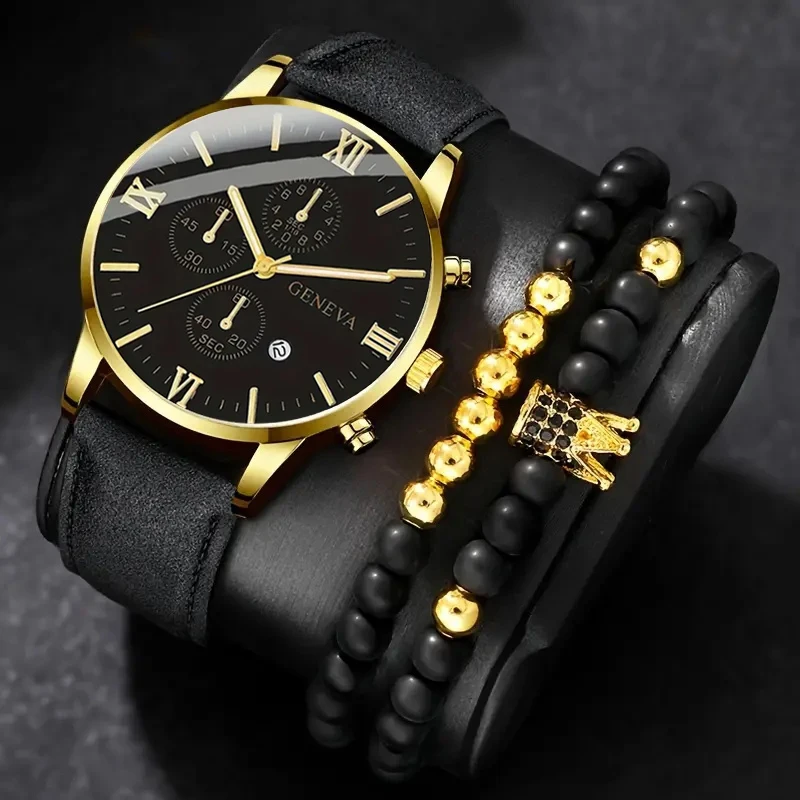 3-piece men's quartz watch + accessories, combining business and sports styles, suitable as Valentine's Day and New Year gifts