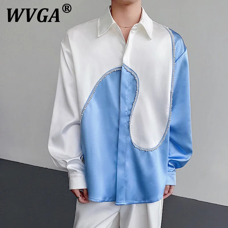 

WVGA Spring Autumn New Men's Beaded Patchwork Shoulder Padder Trendy Long Sleeve Shirt Niche Chic Casual Color Block Tops W9772