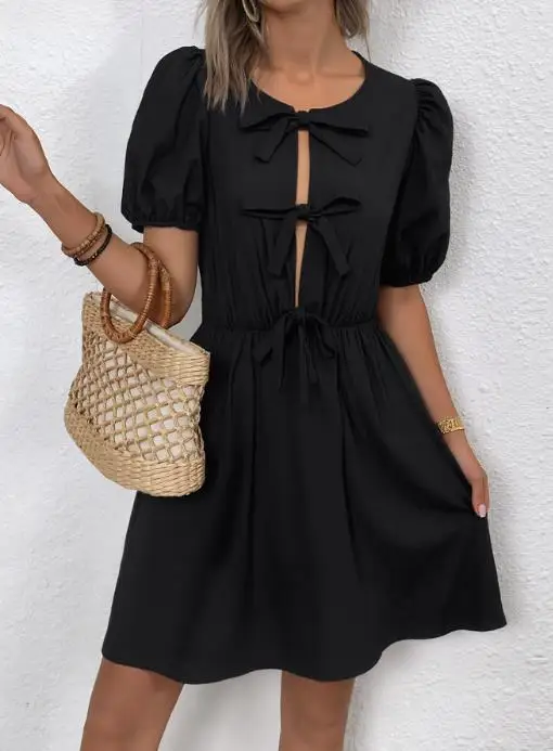 

Summer 2025 Romantic Retro Stripe Skirt round Neck Bow Tie Women's Dress Fashionable Classic Print Gown for Spring