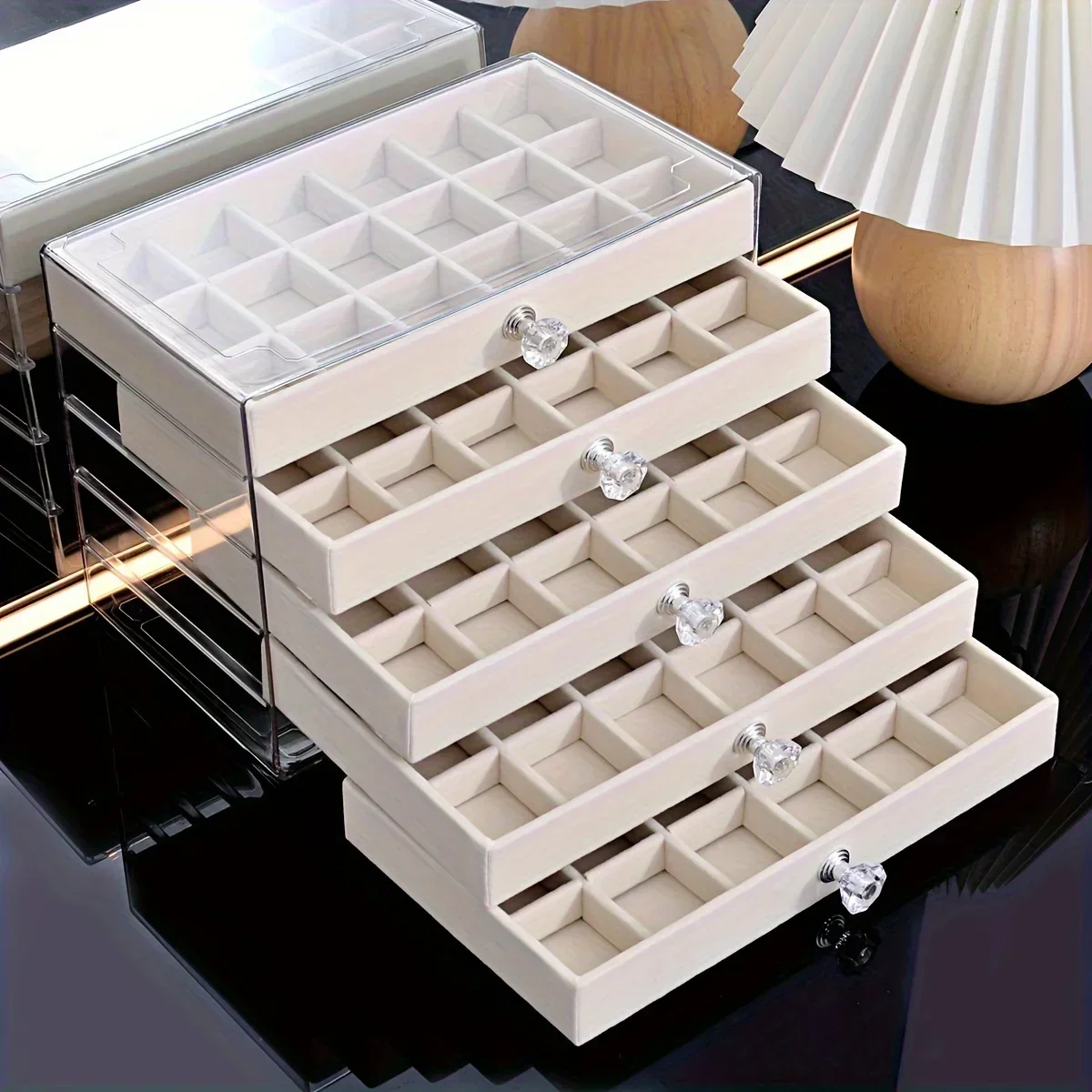 Organizzatore di gioielli in velluto acrilico con 3 cassetti, display impilabile, orecchini, collane, bracciali, custodia per scatola per donna