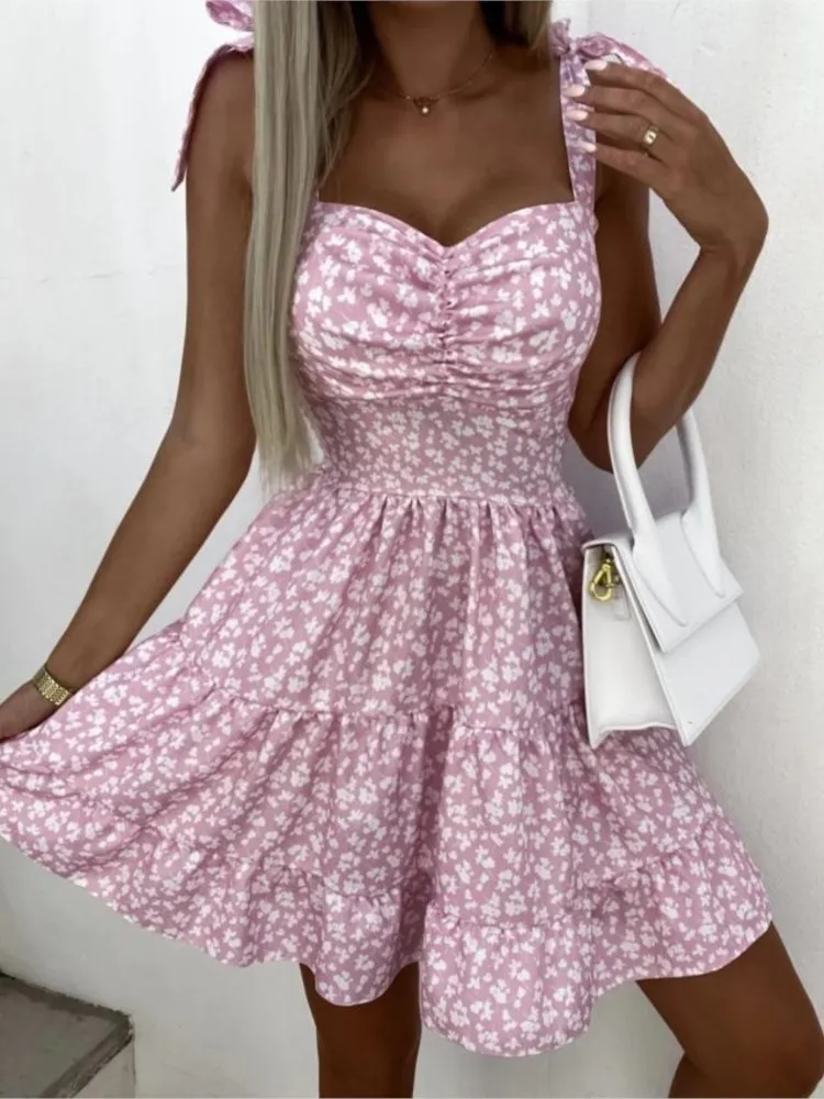 

Summer Women Dress Boho Floral Print Sleeveless Spaghetti Strap Mini Dresses Female Casual Sexy Vacation Beach Ladies Sundress