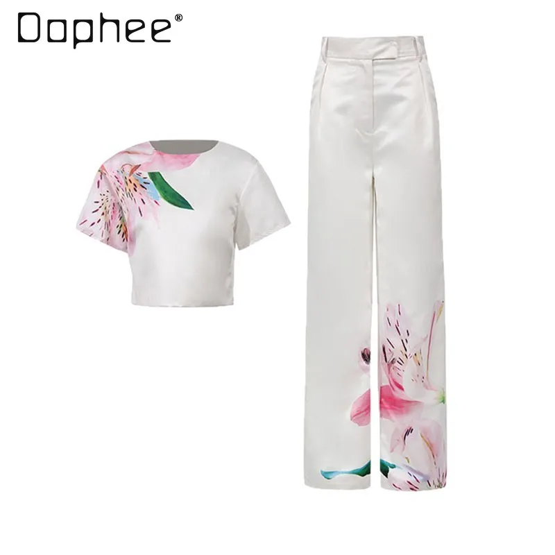 

Vintage Light Luxury Floral Print Suit Set Elegant Short Sleeve Top + High Waist Slim Straight Pants Two-Piece Set Women Trendy