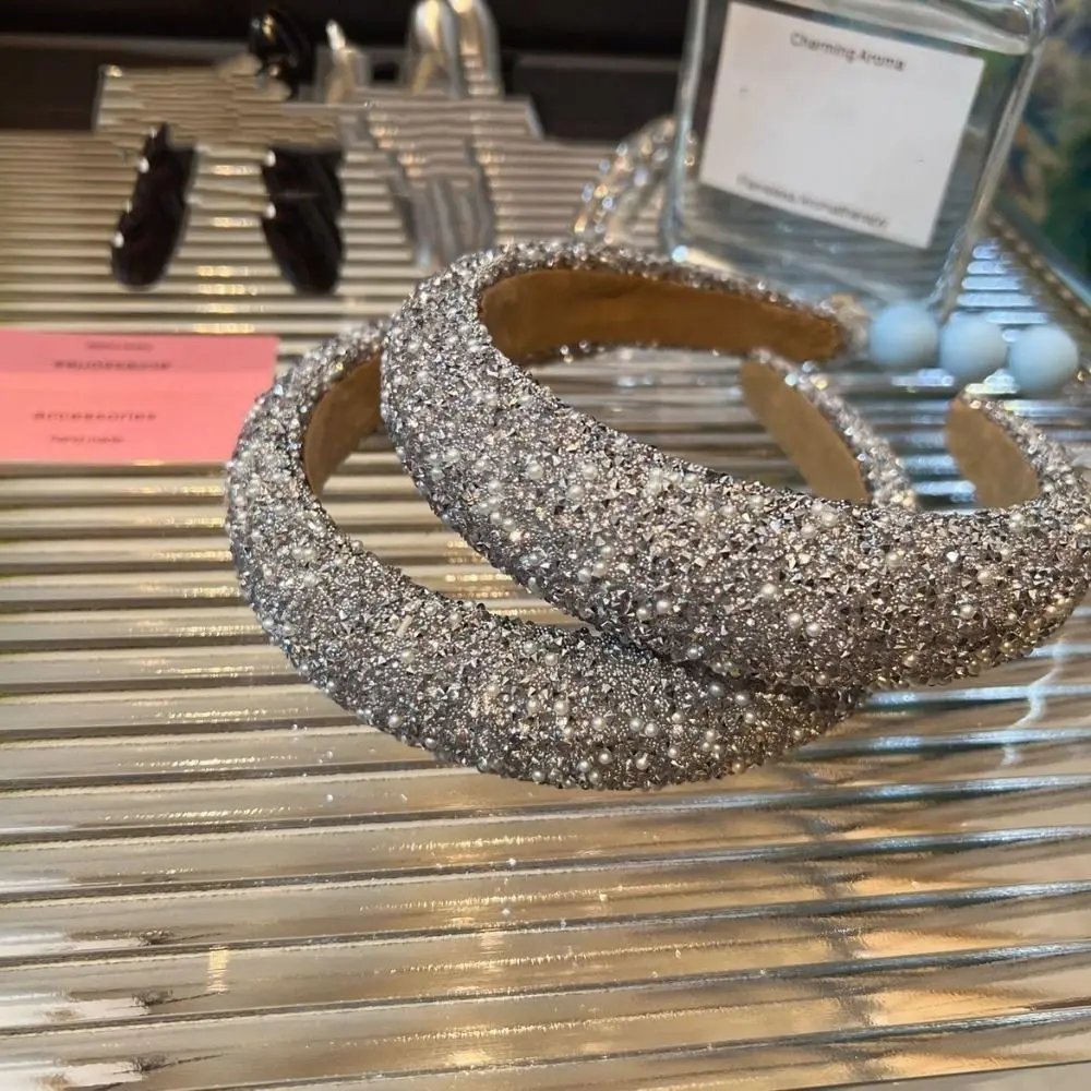 Luxury Drill Imitation Pearl Beaded Hairband Grey Silver Black Bling Bling Crystal Pearl Headband Headwear Women Girls