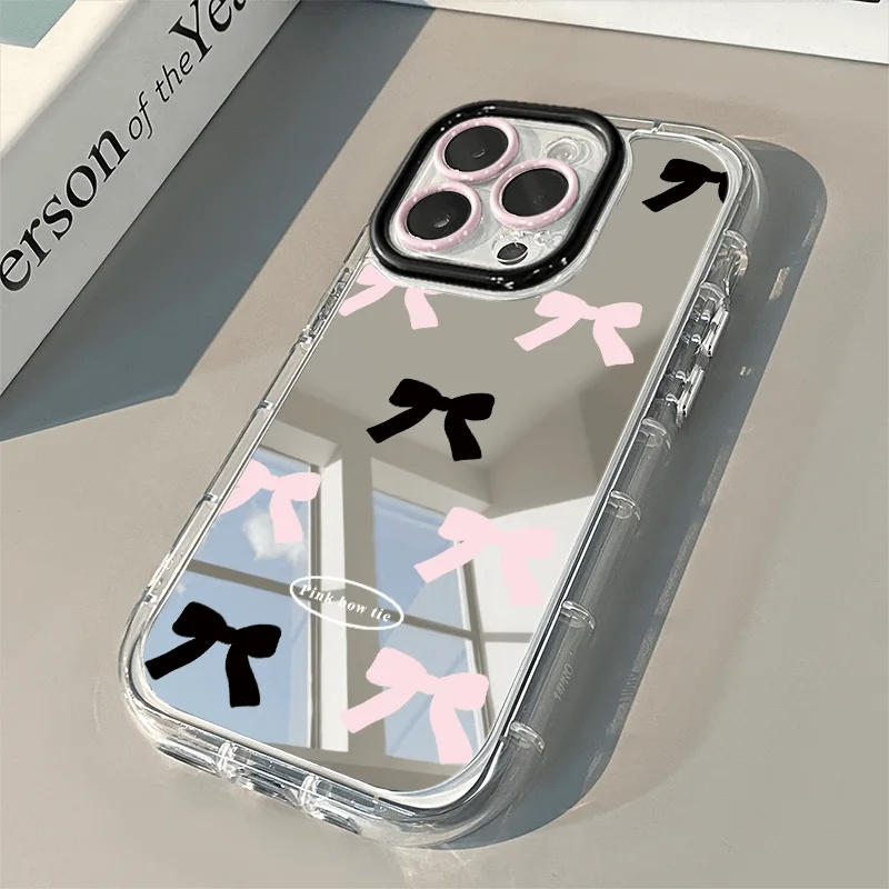 

Black Pink Bowknot Luxury Mirror Phone Case For iPhone 17 16e 16 15 14 Plus 13 12 11 Pro Max 17e XR X XS Max 7 8 Plus Back Cover