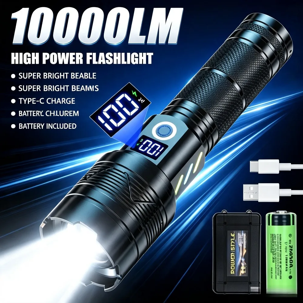 10000LM Super Bright LED Flashlight with Digital Power Display USB Rechargeable Telescopic Zoom Torch for Outdoor Lighting