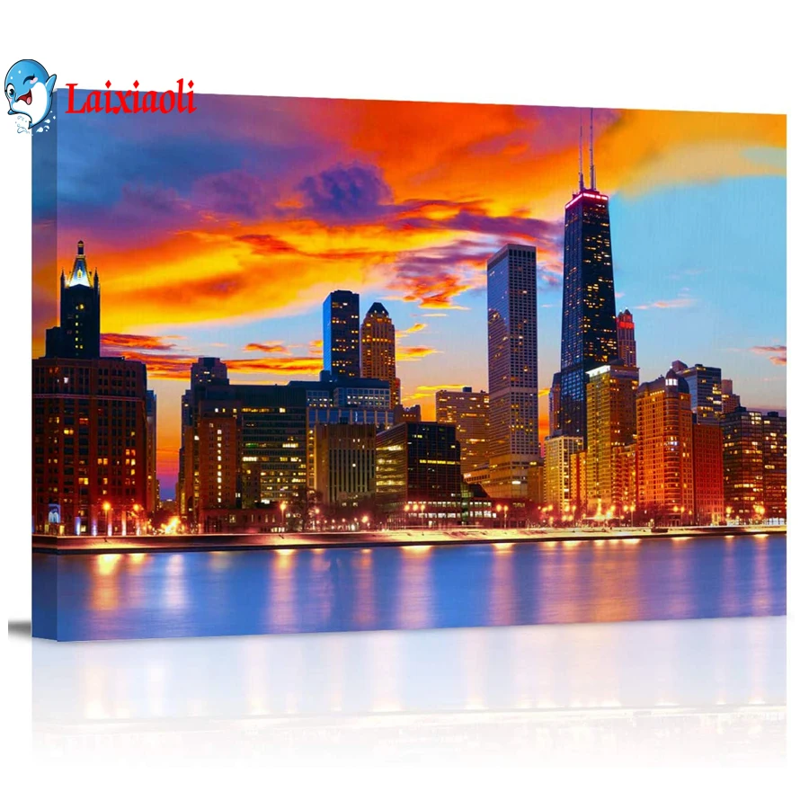 Chicago Skyline at Dusk Gallery Modern city 5D Full Square Diamond Painting rhinestone Diamond Mosaic Embroidery landscape,decor