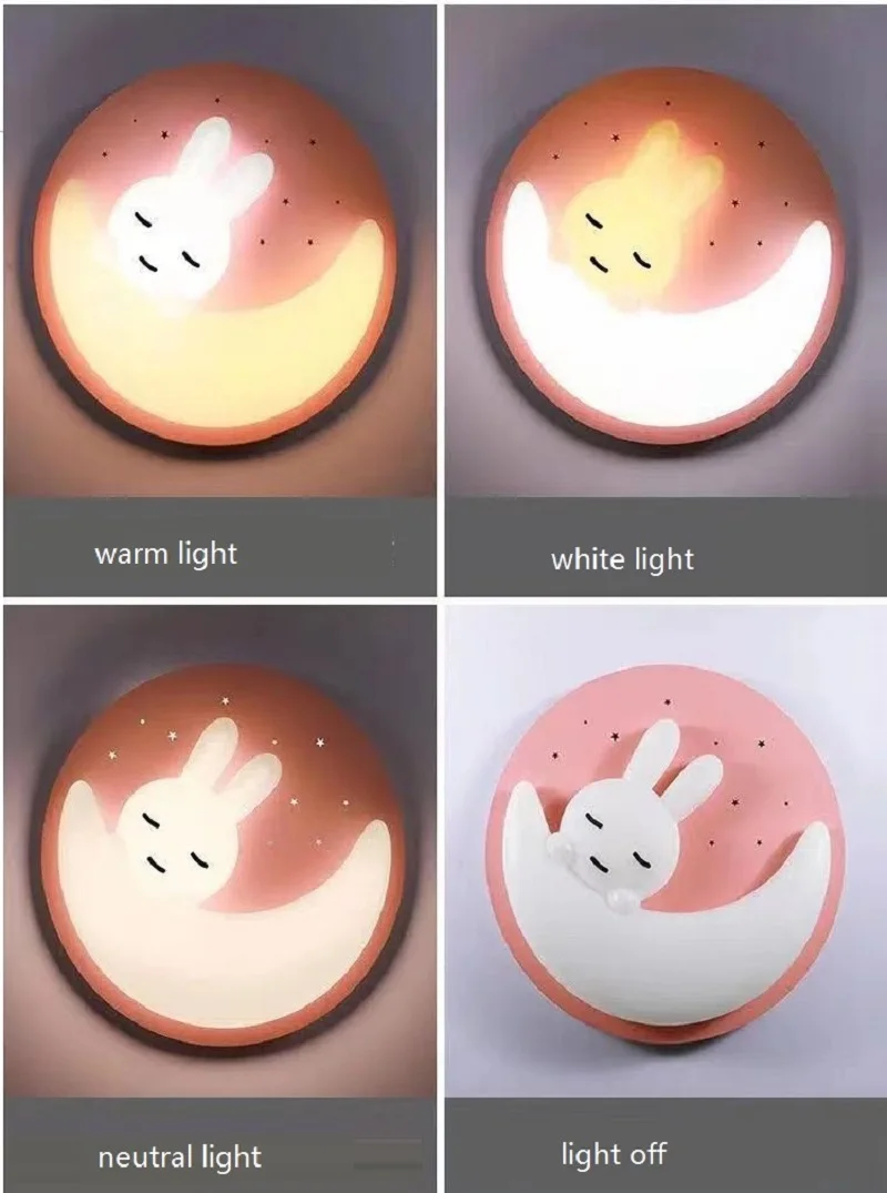 LED Children\'s Room Ceiling Light Cute Cartoon Rabbit Moon Lamp for Bedroom Boys Girls Kid Pink Blue Tricolor Adjustable Decora