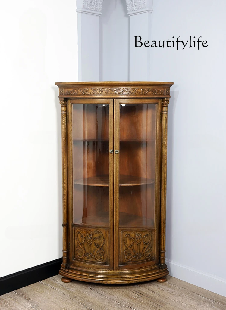 Nordic Antique Glass Door Corner Cabinet Solid Wood Simplicity Display Cabinet