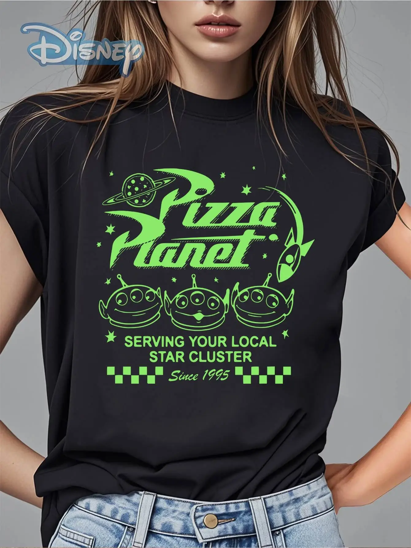 

Disney Toy Story Pizza Planet Letter Pattern Printed Women's Summer Casual T-shirt Round Neck Holiday Gift Perfect Choice