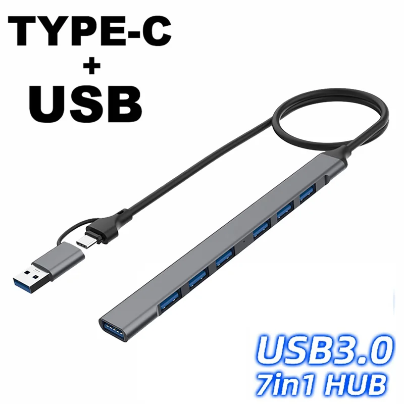 7 منافذ USB Hub Slim Mini 2 in 1 (USB-C+USB 3.0) إلى USB 2.0X6+USB 3.0X1 5Gbps ناقل حركة سريع USB3.0 Hub