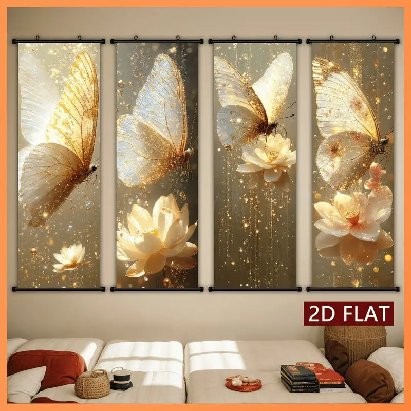 VIKAMA Amber Butterfly Lotus Wall Tapestry Sparkling Gilded Flower Premium Spiritual Scroll Art Home Decor Warm Cozy Soft Gift