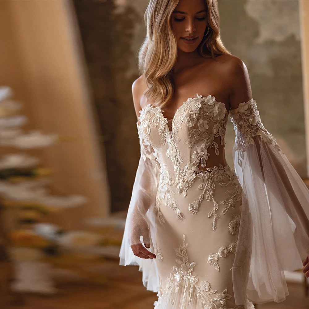 

Customized Sexy White Organza Wedding Dress Boho Sweetheart Sleeveless Bridal Gowns Dreamy Mermaid Court Train Vestido De Novia