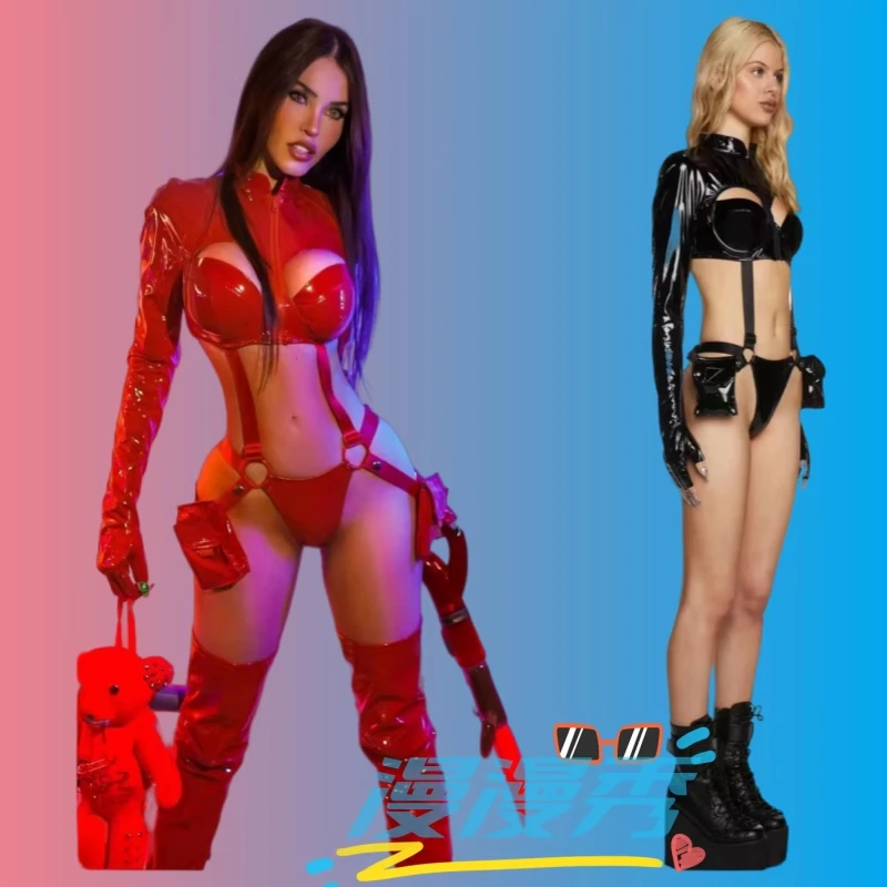New dark spy functional style hollow out spicy leather jumpsuit deconstructive sexy niche top bar performance outfit Set