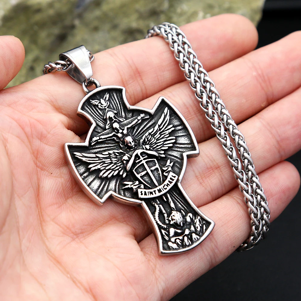 Punk Vintage St Michael Archangel Necklace Stainless Steel Amulet Cross Pendant For Men Women Jewelry Gifts Dropshipping