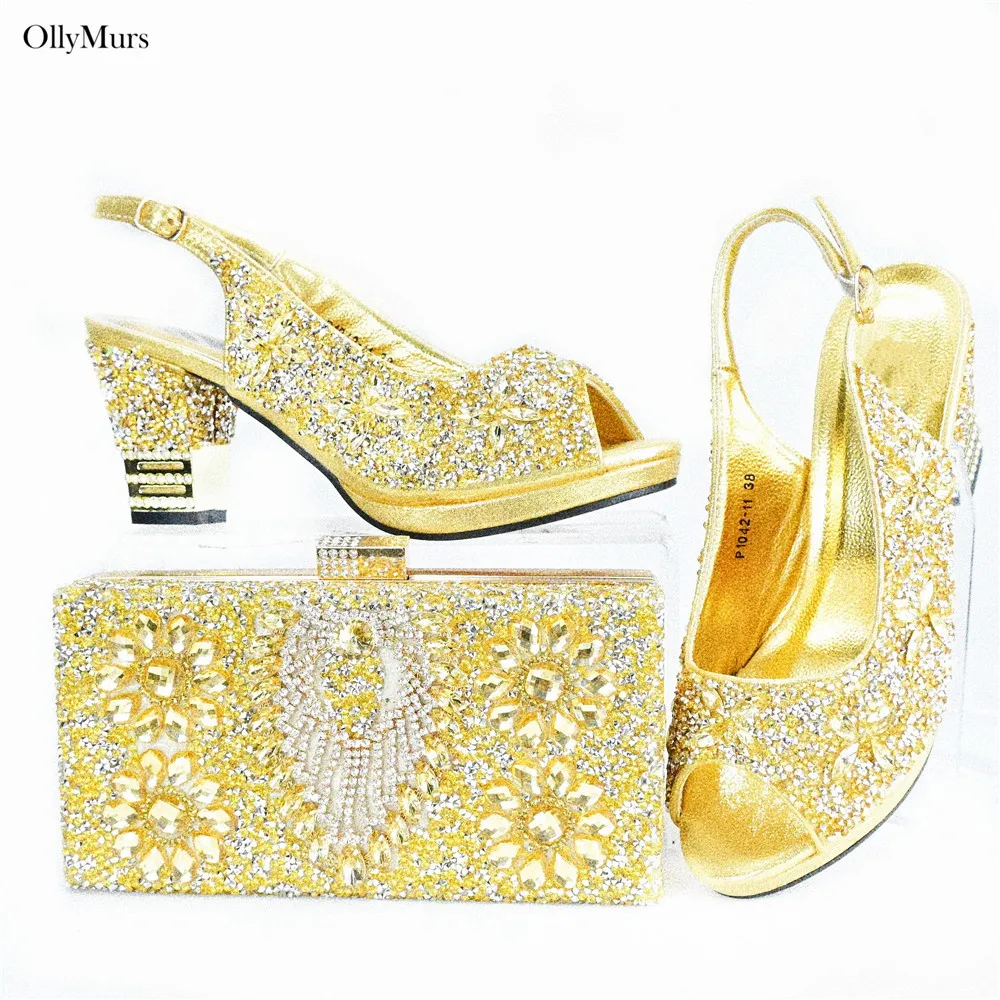 

Autumn Fashion Woman Sandal Shoes And Bag Set Nigerian Elegant Gold Color Wedding Shoes And Bag To Match Set For Party