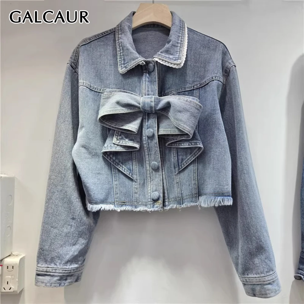 

GALCAUR Blue Spliced 3D Bow Basics Jacket Female Lapel Long Sleeve Loose Sweet Patchwork Lace Women's Jackets Fashion Summer New