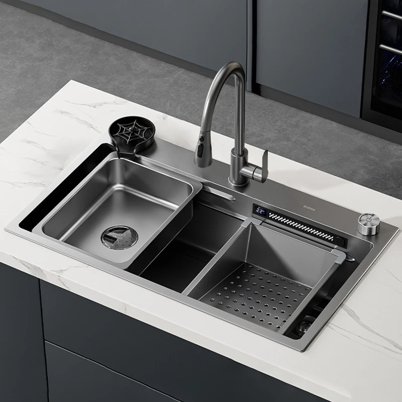 Waterfall Kitchen Sink Home Single Bowl Countertop Pullout Hot Cold Mixer Washingbasin Cup Washer Drainer Basket LED Sinks