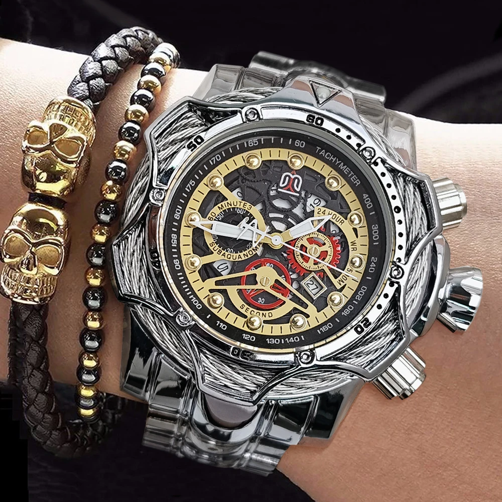 Popular European and American Men's Quartz Watches, Punk Luxury Large Dial Watches, Multifunctional Calendar Waterproof Wristwatches, Retro Skull Style Heavy Metal Design, Versatile for Business, Casual, and Sports, Trendy and Versatile Men's Watches, Cross-Border Bestsellers, Men's Watches as the First Choice for Gifts, High-Traffic Hot-Selling Wristwatches