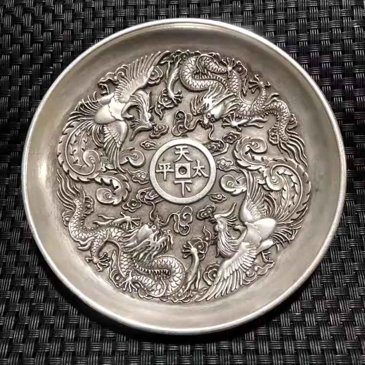 Old Chinese Tibet Silver Handcarved Dragon Phoenix Plate Qianlong Mark