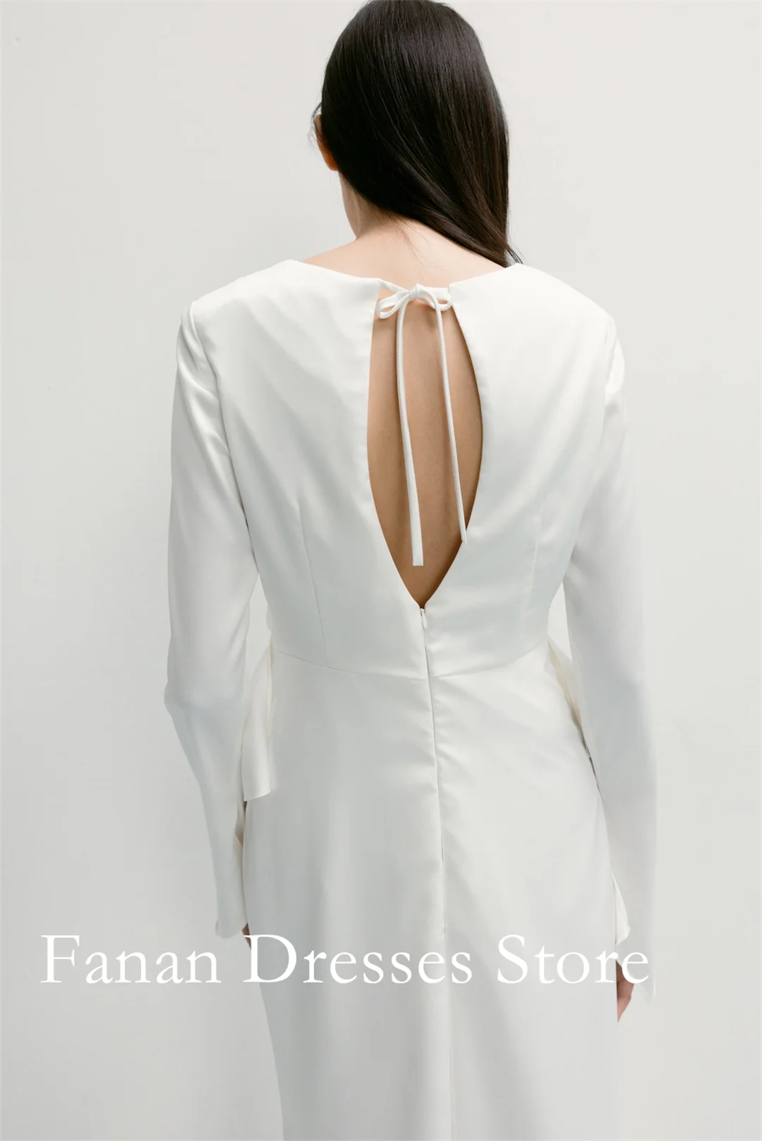 Round Neck Long Sleeve Wedding Dress Cross Wrap Waist Sash Draped Satin Maxi Bridal Gown Minimalist Elopement Wedding