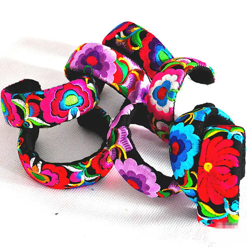 10PCS Miao Ethnic Embroidered Bangles Colorful Flowers Open Cuff Shangri-la Crafts BB-489