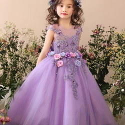 Kids Clothes Girls Prom Elegant Dress Tulle Princess Tutu Piano Costume Purple Birthday Party Christmas Easter Host Dress