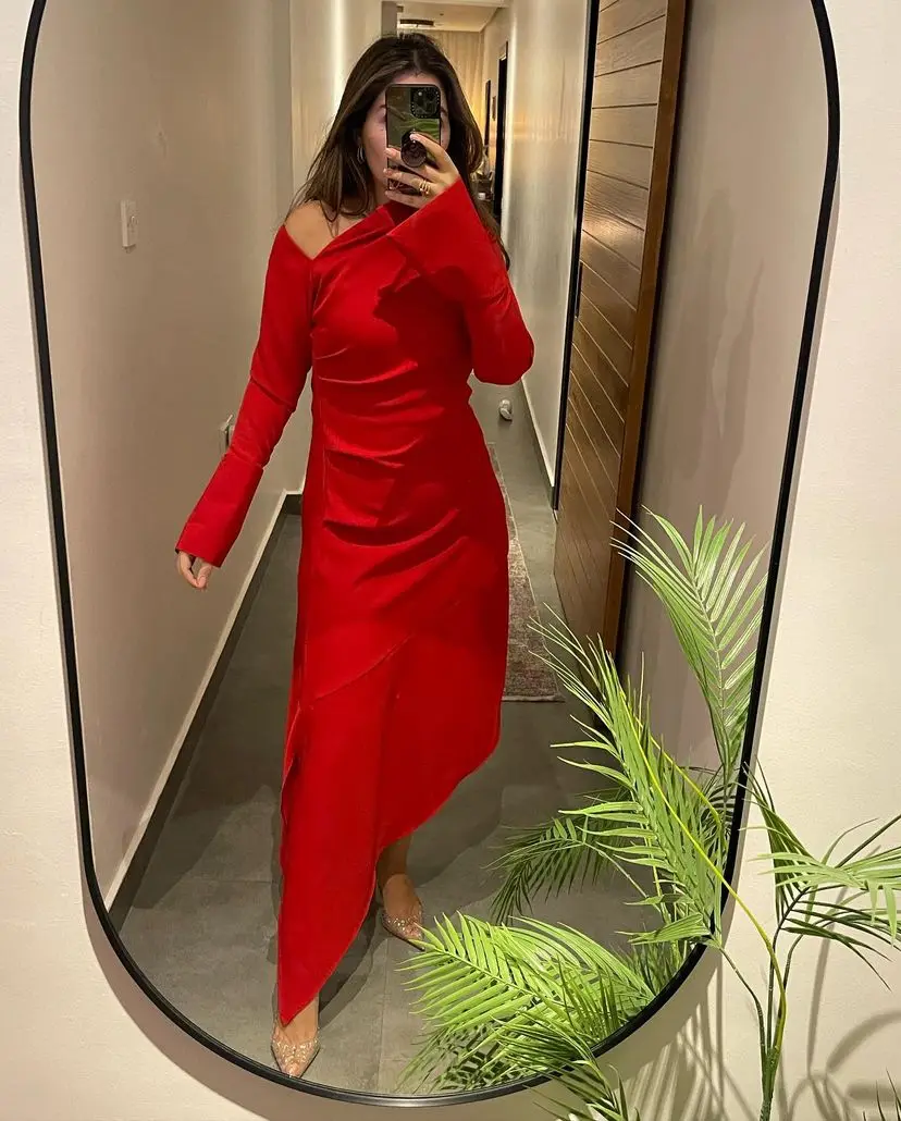 Sapmae O-neck Full Sleeve Sheath Red Satin Zipper Up Simple Beautiful Prom Evenning Cocktail Formal Dress For Women In 2024