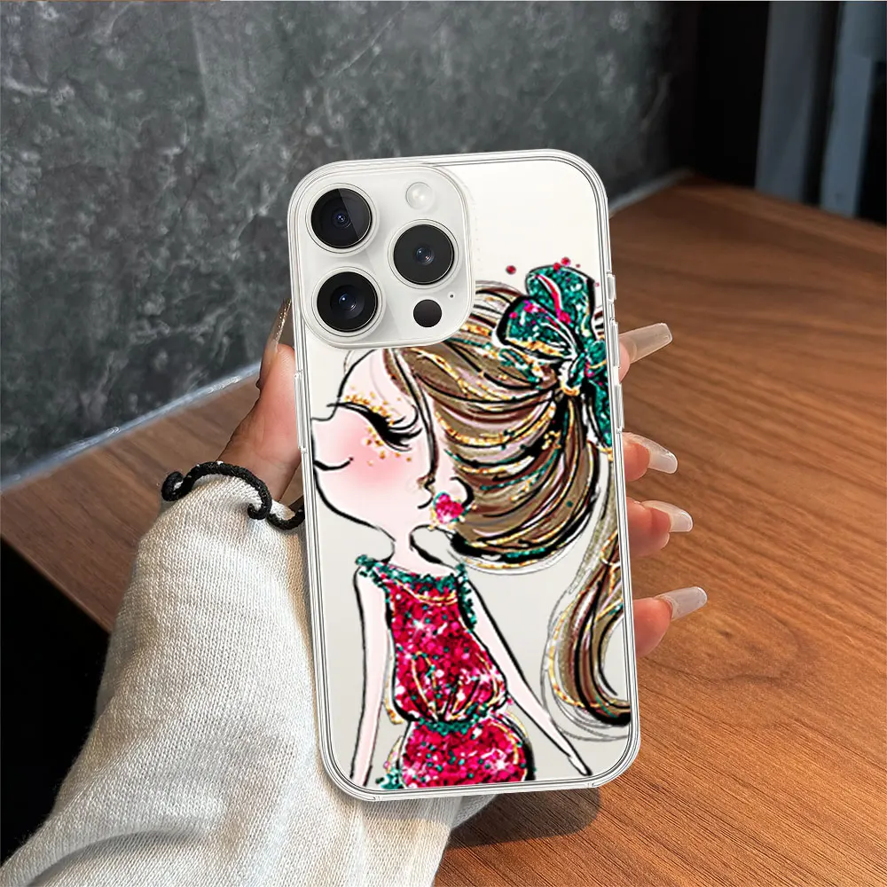 Valentine Day Little Girl Mermaid Princess Phone Case for iPhone 11 12 13 14 15 16 Max Pro Plus Transparent Soft Shell