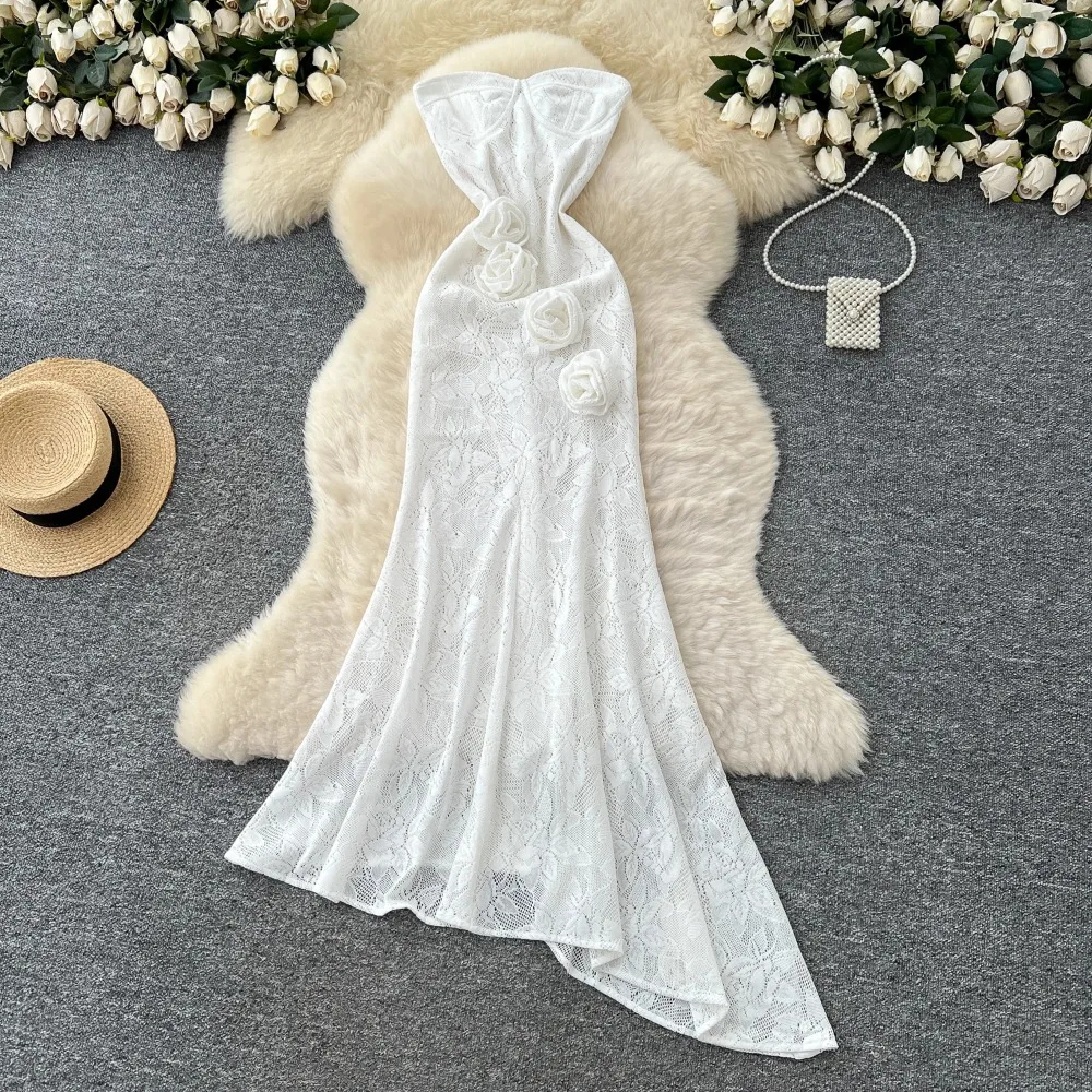 Chic vintage asymmetrical Strapless pencil dress Elegant Fairy korean fashion Boho Sundress women clothing Long dress