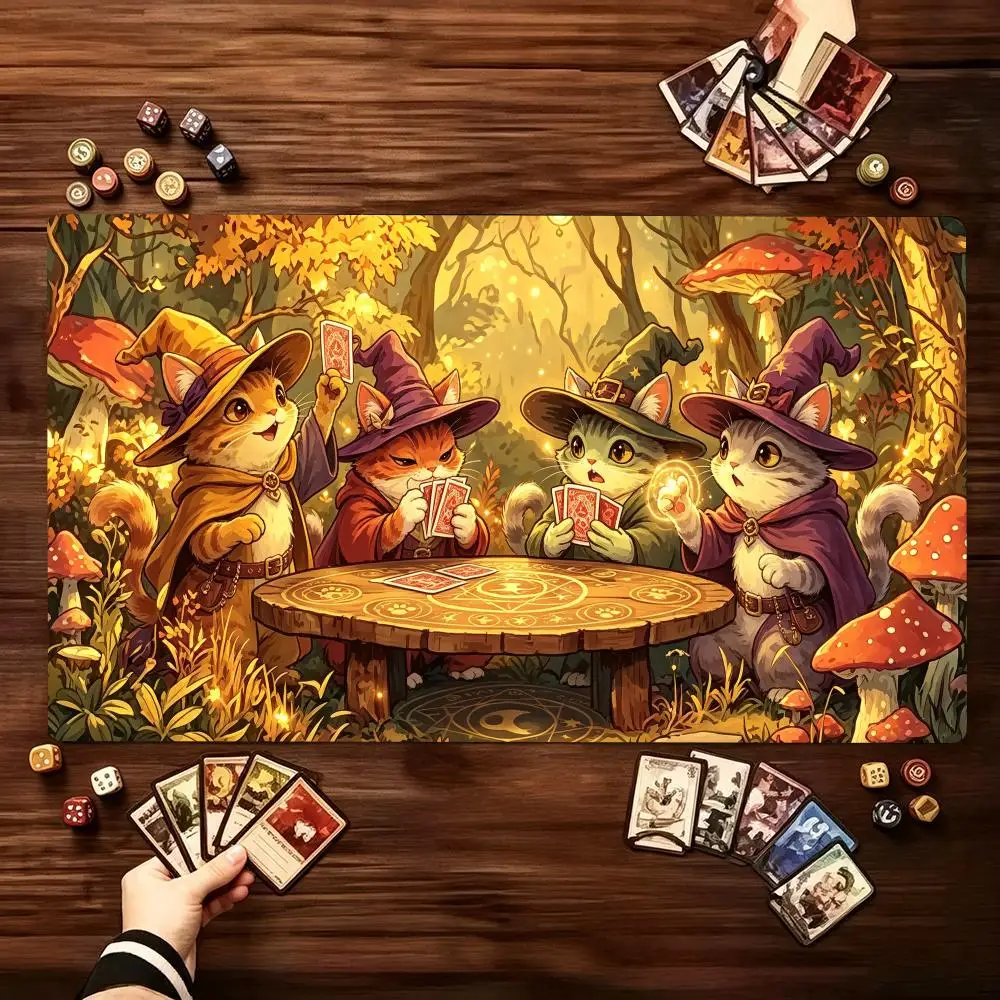 Tabletop Playmat Forest Animal Wizard Mushroom Print Large Non Slip Rubber Pad Smooth Cloth TradingCard Battle Mat For Card Game