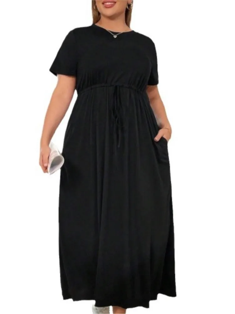 Plus Size Summer Short Sleeve A-Line Long Dress Women Slim Waist Fashion Ruffle Pleated Loose Ladies Dresses Casual Woman Dress