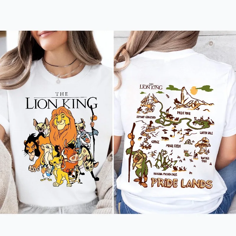 Camisa de cuello cómoda con mapa terrestre Gloria del Rey León de doble cara Simba, Rafiki, Peng Peng, camiseta Timman Disney, gira del Parque de Disney