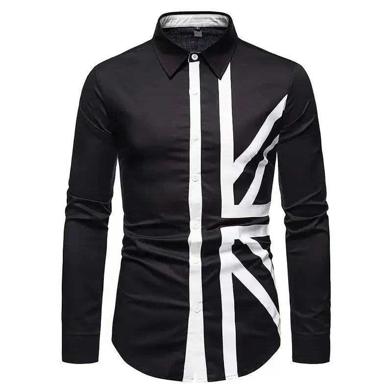 

2025 men's casual long sleeved checkered striped patch shirt with button up collar, soft and comfortable sports men's top