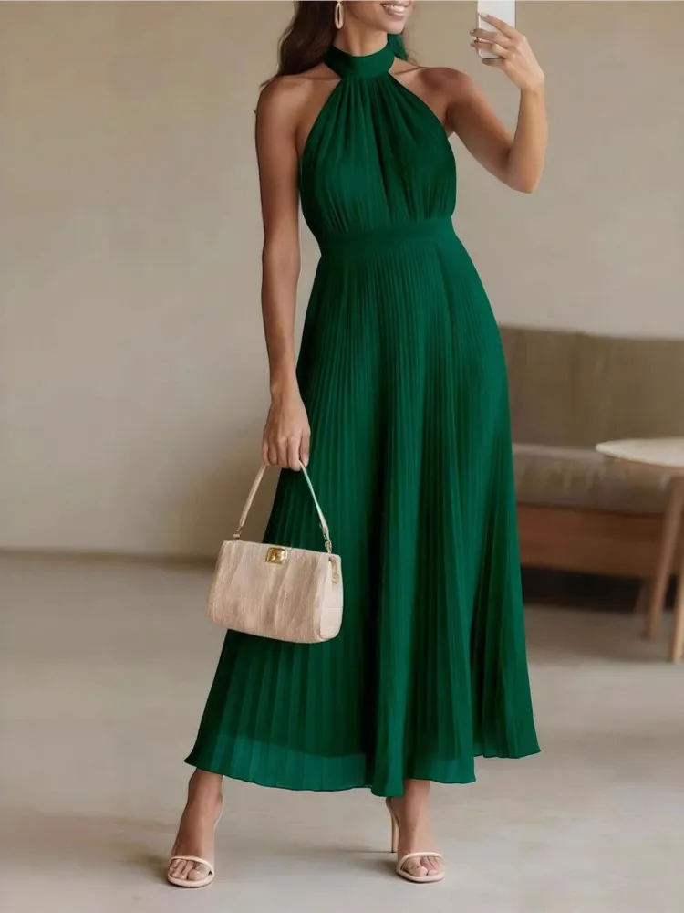 

Summer New Casual Vacation Women's Big Hem Long Dress Elegant Solid Color Hanging Neck Collar Slimming Sleeveless Folds Dress