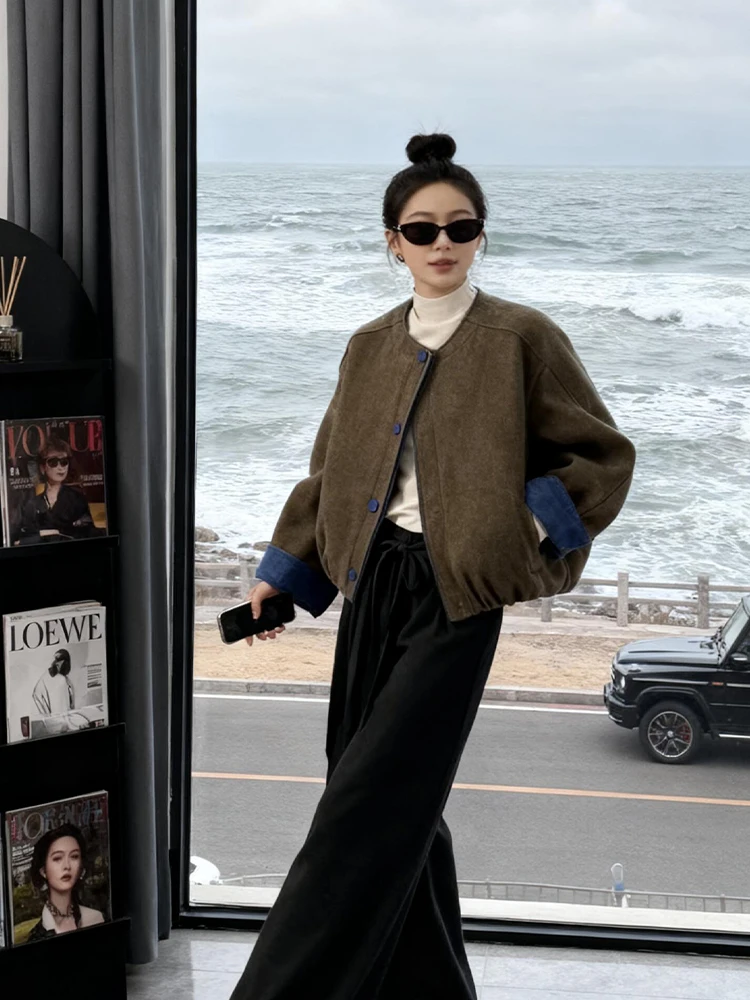 Retro American Suede ort Jaet Women's Loose Casual Sle Autumn Winter Top Small Size Faionable Leisure Outerwear