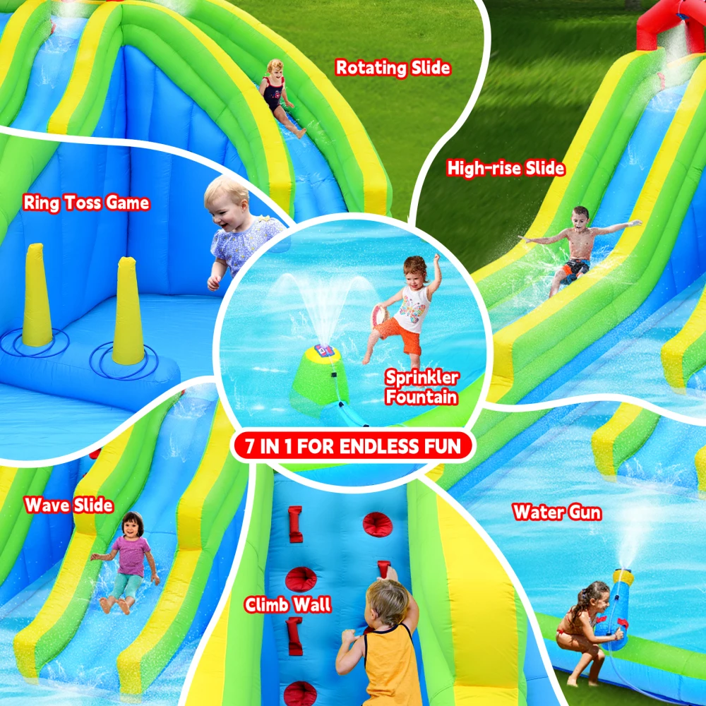 7 in1 Inflatable Water Park Three Slide with Blower Water Gun Sprinkler Fountain Climbing Wall for Children