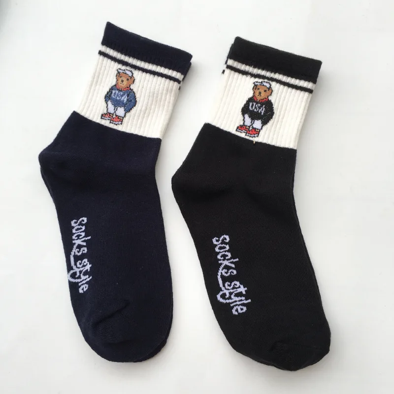 Socks Female Spring And Autumn Mid-tube Embroidery Bear Hose Cute Casual Solid Color Sport Pile Kawaii Socks Harajuku Calcetines