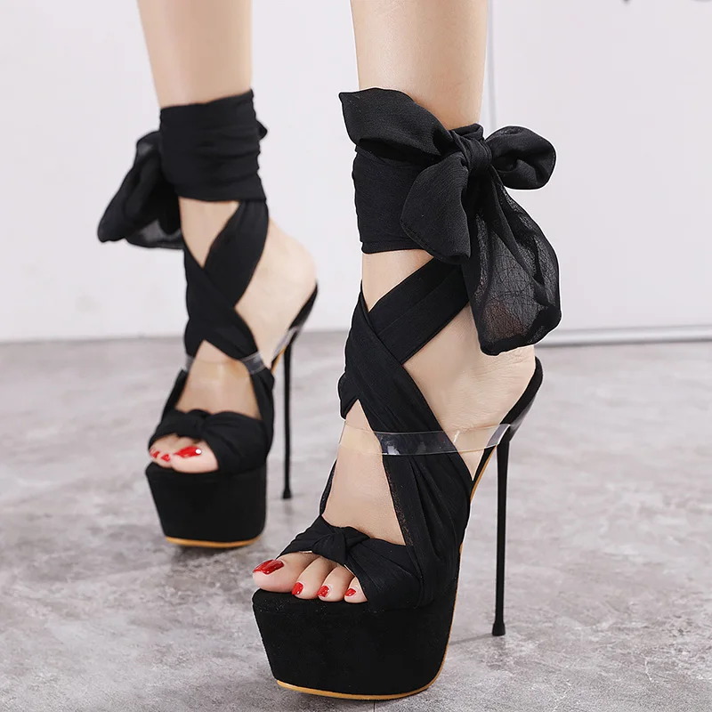 New Luxury Black Thigh Thin High Heels Cross-strap Nightclub Sandals Women Peep Toe Thick Platform Lace-up Slingback Stage Shoes