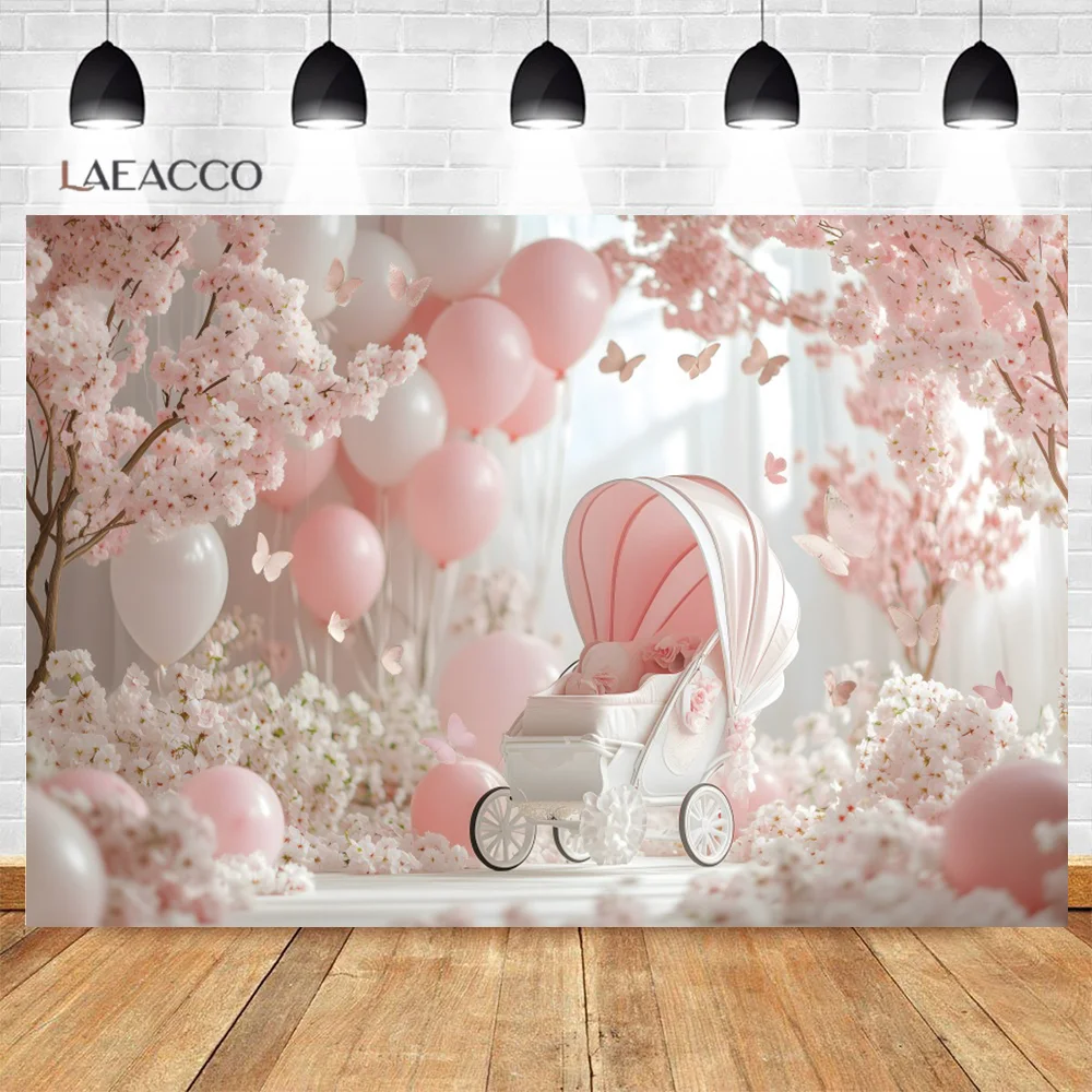 Laeacco Happy Birthday Photography Backdrop Pink Little Girl Stroller Balloon Arch Butterfly Pendant Portrait Photo Background