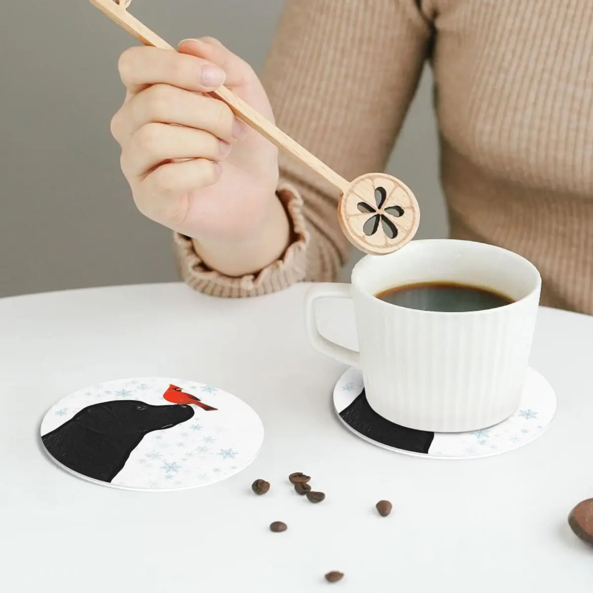 Black Labrador Christmas And Cardinal Bird Coasters PVC Leather Placemats Insulation Coffee Mats for Home Dining Pads Set of 6