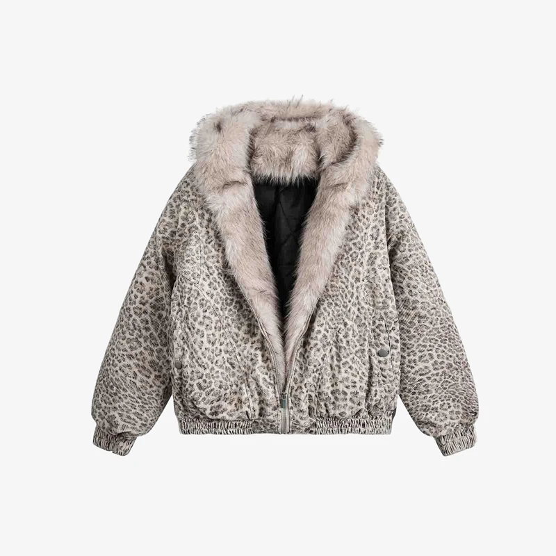 

Fashion Leopard Print Women's Winter Coat Faux Fur Patchwork Cotton Padded Coats Pockets Outwears 2025 New Thicken Lady Jacket