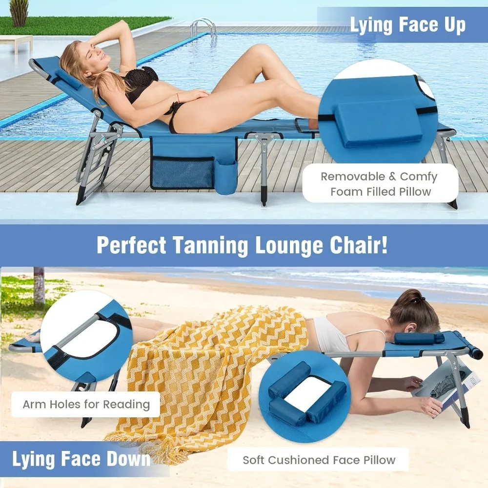 

Tanning Chair, 330LBS Beach Lounge Chair with Face Arm Hole & Hand Shoulder Strap, Folding Layout Sunbathing Chair, Customized