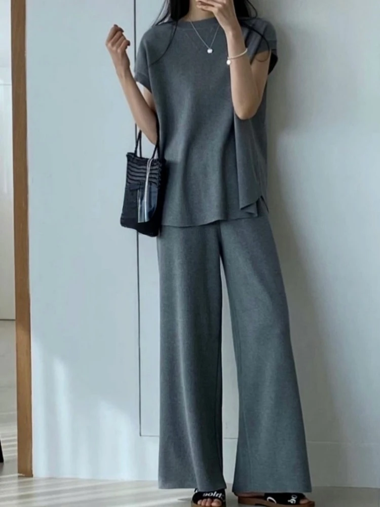 Neploe 2024 Summer New Sleeveless Mid-length Tops Women+ High Waist Loose Wide Leg Pants Y2k Black Knitted Two Piece Sets