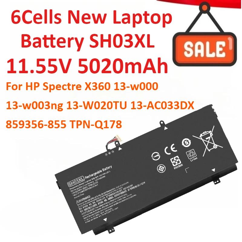 

11.55V 5020mAh 6Cells New Laptop Battery SH03XL for HP Spectre X360 13-w000 13-w003ng 13-W020TU 13-AC033DX 859356-855 TPN-Q178