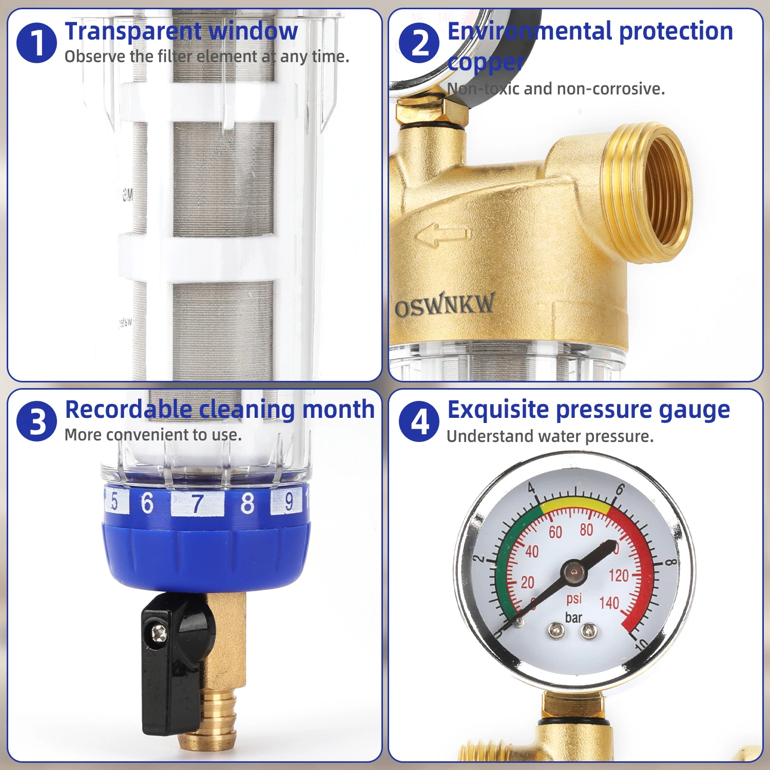 Purificateur de pré-filtre OSWNKW-05, pour toute la maison, filtre à sédiments, système de pré-filtre Central, lavage à contre-courant, maille en acier inoxydable